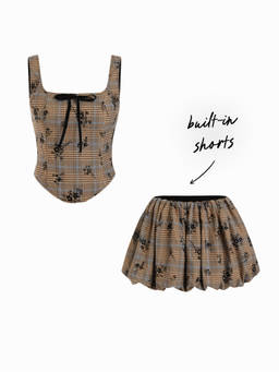 Cider - Plaid Floral Women’s Square Neck Corset Skirt Set Tan