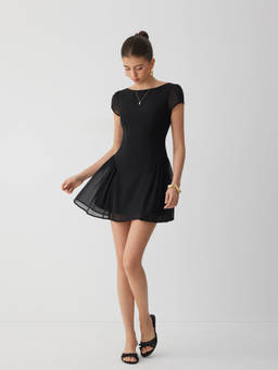 Cider - Chiffon Women's Ruched Boat Neck A-Line Mini Dress Black