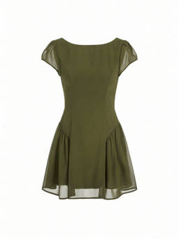 Cider - Chiffon Women's Ruched Boat Neck A-Line Mini Dress Olive