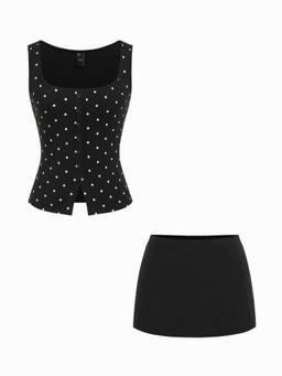 Cider - Cotton Blend Women Polka Dot Scoop Neck Skirt Set Black