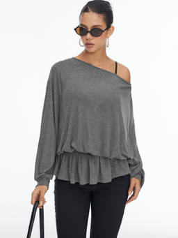 Cider - Textured Women’s Boat Neck Lantern Sleeve Ruffle Hem Top Grey