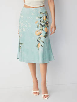 Cider - Satin Women's Mid-Rise Fruit Graphic Mermaid Midi Skirt Blue