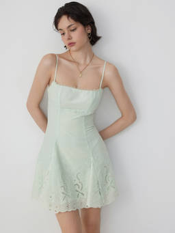 Cider - Broderie Anglaise Women Square Neck Ruffle Hem A-Line Mini Dress Green