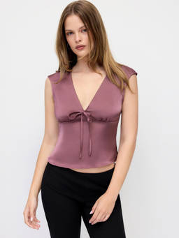 Cider - Satin Women's Ruched V-Neck Tank Blouse Mauve