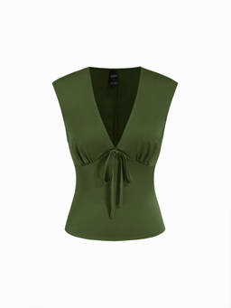 Cider - Satin Women's Ruched Tie-Up V-Neck Tank Blouse Olive