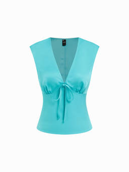 Cider - Satin Women's Ruched V-Neck Bow Tie Tank Top Blue
