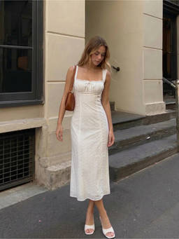 Cider - Cotton Eyelet Women's Square Neck Bow Mermaid Maxi Dress White