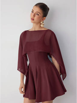 Cider - Chiffon Lace Trim Women's Square Neck Flared Co-ord Set Wine