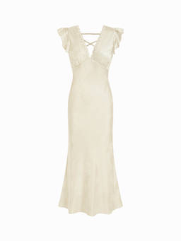 Cider - Textured Floral Women's V-Neck Ruffle Sleeve Maxi Dress Cream