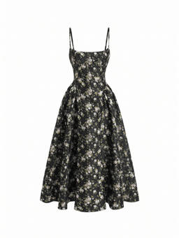Cider - Floral Jacquard Women's Lace-Up Corset A-Line Maxi Dress Black