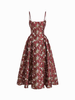 Cider - Floral Jacquard Women's Lace-Up Corset A-Line Maxi Dress Wine