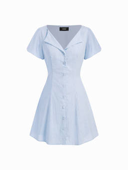 Cider - Cotton Blend Women Striped Puff Sleeve A-Line Mini Dress Blue