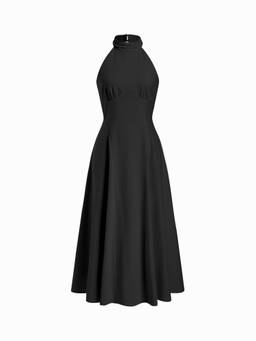 Cider - Linen Blend Women's Halter Neck Ruched A-Line Maxi Dress Black
