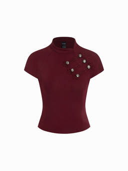 Cider - So They Say Women's Embellished High Neck Regular Top Burgundy