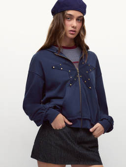 Cider - Long Nights Women's Super Oversized Studded Zip-Up Hoodie Navy Blue