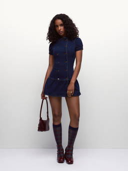 Cider - Our Spot Women's Denim Collared Mini Dress Navy Blue