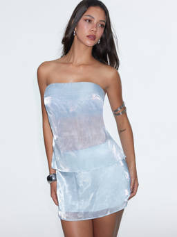 Cider - Sheer Metallic Satin Women Strapless Skirt Set Light Blue