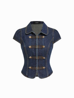Cider - Metal Button Women’s Collared Cap Sleeve Denim Top Indigo
