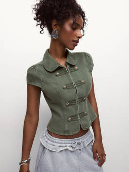 Cider - So Metal Women's Collared Cap Sleeve Crop Top Green