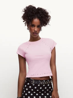 Cider - Studs Only Women's Studded Cap Sleeve Crop Top Pink