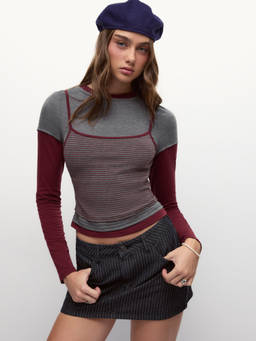 Cider - Does He Skate Women's Striped Layered Full Sleeves Crop Top Wine
