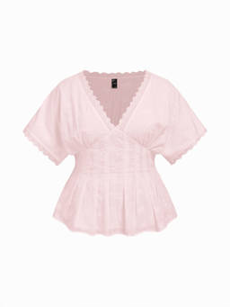 Cider - Broderie Anglaise Women's V-Neck Shirred Blouse Pink