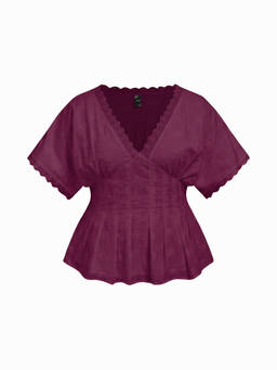 Cider - Broderie Anglaise Women's V-Neck Pleated Shirred Blouse Wine