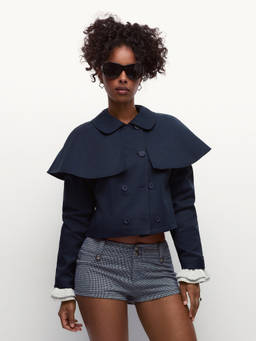 Cider - Kind Of A Secret Women's Cape Collar Cropped Jacket Navy Blue