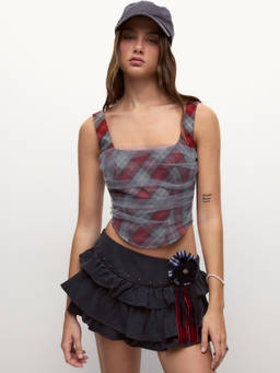 Cider - Literally London Women's Checked Mesh Overlay Corset Top Wine