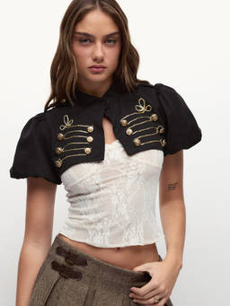 Cider - Military Trim Women Puff Sleeve Crop Top Black