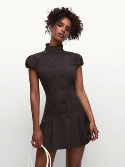 Cider - Double-Breasted Women's Pinstripe Pleated Mini Dress Brown