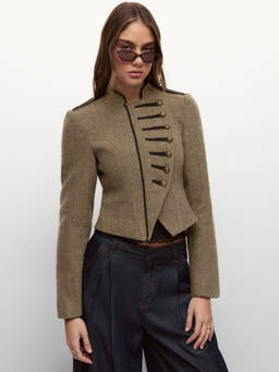 Cider - Herringbone Women's Military Buttoned Jacket Brown