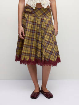 Cider - See You Soon Women's Checked Pleated Knee Length Skirt Mustard