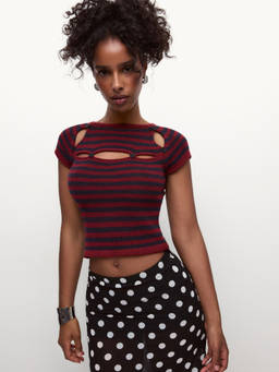 Cider - Something To Say Women’s Striped Cutout Crop Top Burgundy