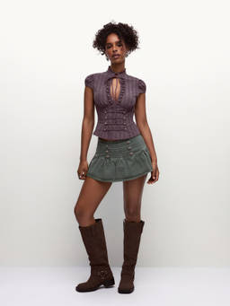 Cider - Rumors Women's Ruffled Tie-Up Neck Corset Top Purple