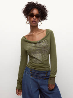 Cider - Studded Women’s Cowl Neck Full Sleeves Top Olive
