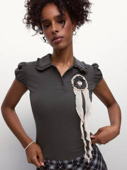 Cider - Rosette Detail Women's Puff Sleeve Polo Top Grey