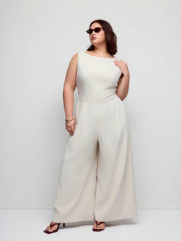 Cider - Linen-Blend Women's Boat Neck Backless Wide-Leg Jumpsuit Off White