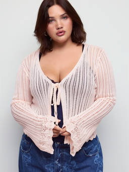 Cider - Knit Pointelle Women’s Tie-Up V-Neck Bell Sleeve Top Peach