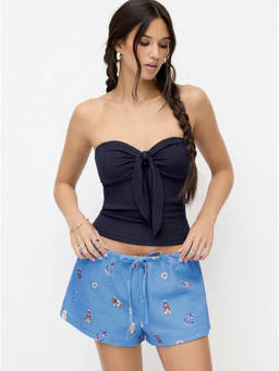 Cider - Pointelle Women's Sweetheart Knotted Shirred Bandeau Top Navy Blue