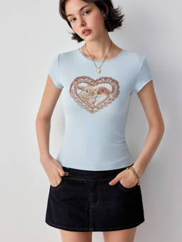 Cider - Cotton-Blend Women's Heart Bunny Graphic Lace Trim Tee Blue