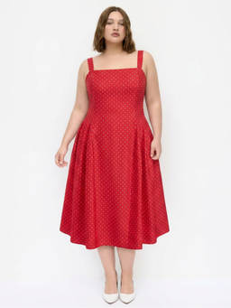 Cider - Square Neck Women Polka Dot A-Line Maxi Dress Red