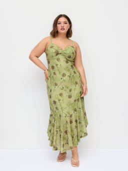 Cider - Mesh Floral Women's Sweetheart Asymmetrical Hem Maxi Dress Olive