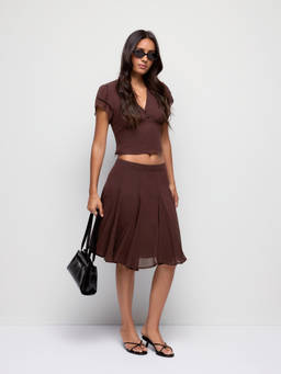 Cider - Chiffon Women's V-Neck Ruffled Sleeve Skirt Set Brown