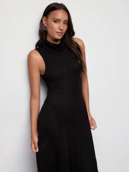 Cider - Wool-blend Women’s High Neck Sleeveless A-Line Maxi Dress Black