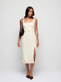 Cider - Metal Detail Women's Square Neck Belted Split Midi Dress Beige