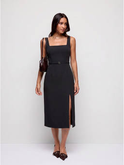 Cider - Metal Detail Women's Square Neck Belted Split Midi Dress Black