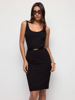 Cider - Textured Women's Scoop Neck Belted Metal Detail Bodycon Midi Dress Black