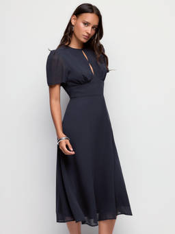 Cider - Chiffon Women's Puff Sleeve Ruched Cut-Out A-Line Maxi Dress Navy Blue