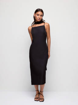 Cider - Women's Square Neck Scarf Detail Split Straight Midi Dress Black
